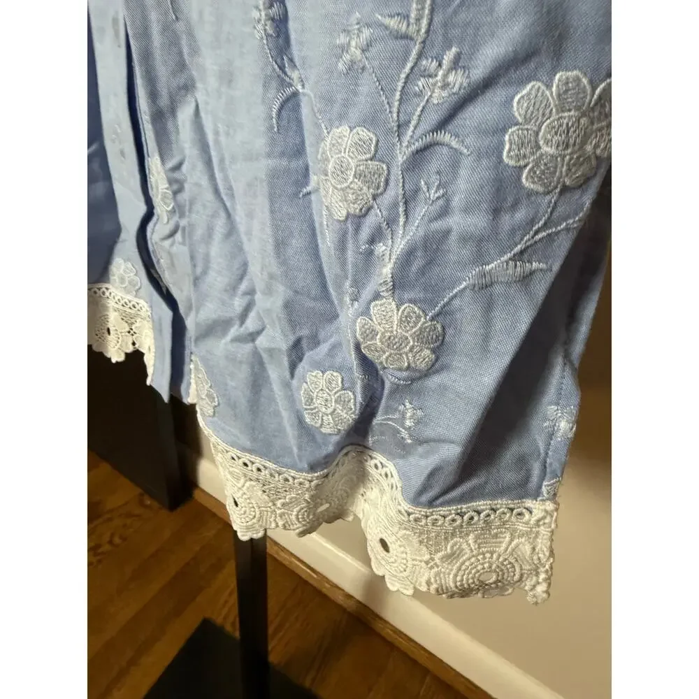 Rachel Parcell Blue Embroidered Sleeveless Midi Dress with White Lace Trim